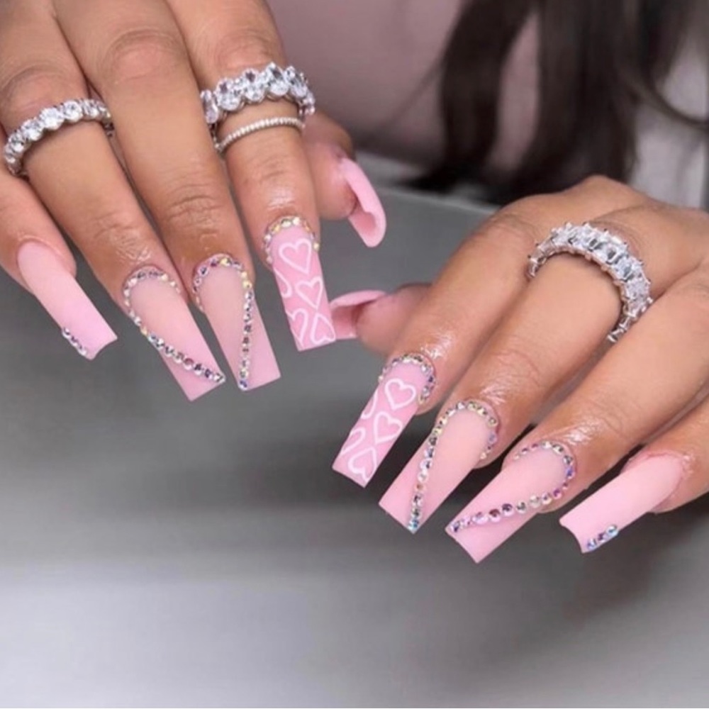 medium soft matte Pink rhinestone nails| press on nails